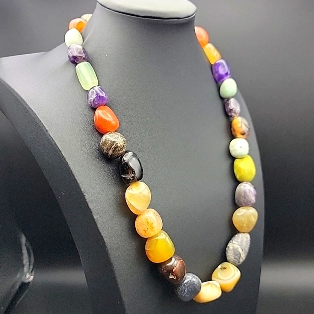 820 Cts Mix Natural Gemstone 20" Necklace Onyx Fluorite Amethyst Carnelian Agate